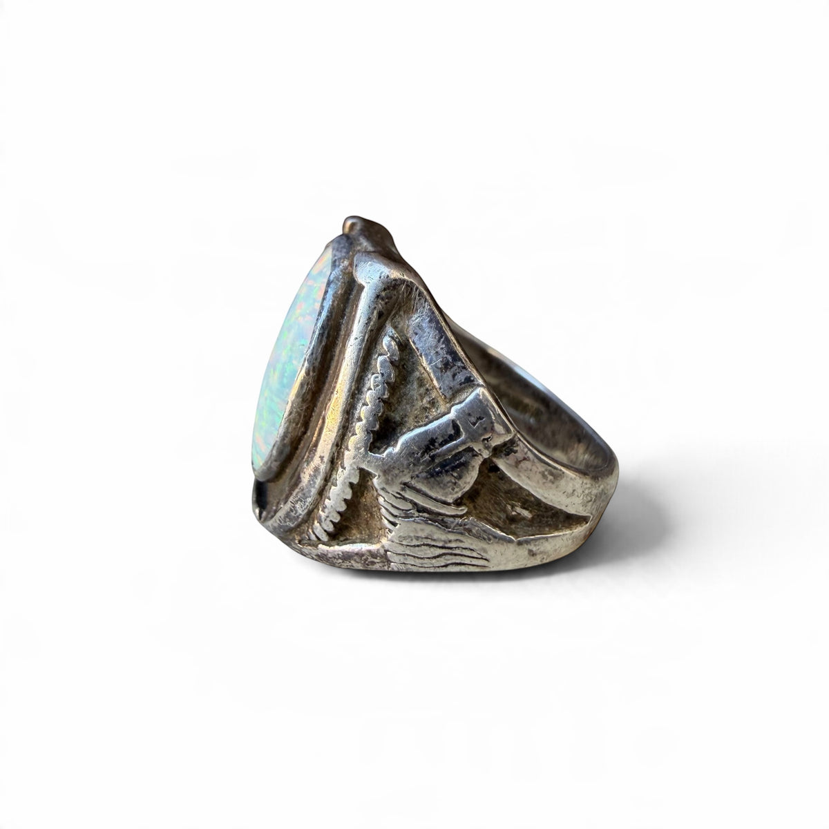 Mid-century Sterling Silver Lab Opal Horseshoe Ring