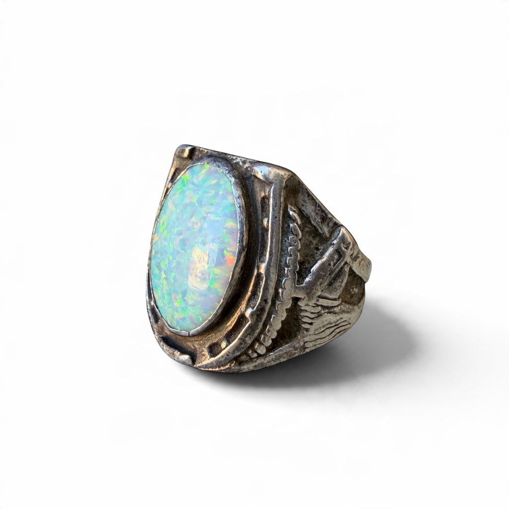 Mid-century Sterling Silver Lab Opal Horseshoe Ring
