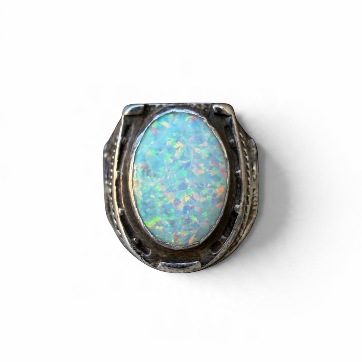 Mid-century Sterling Silver Lab Opal Horseshoe Ring