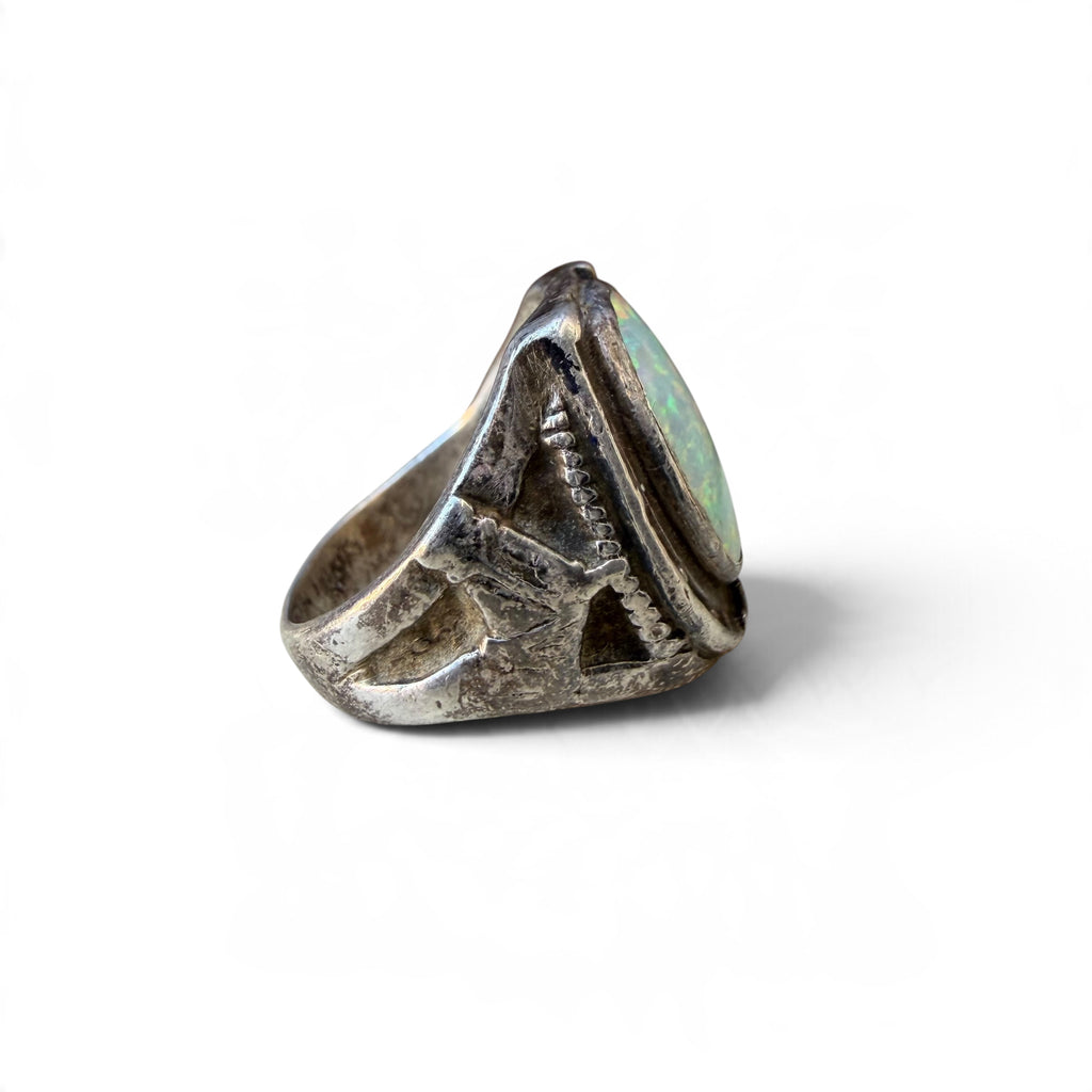 Mid-century Sterling Silver Lab Opal Horseshoe Ring