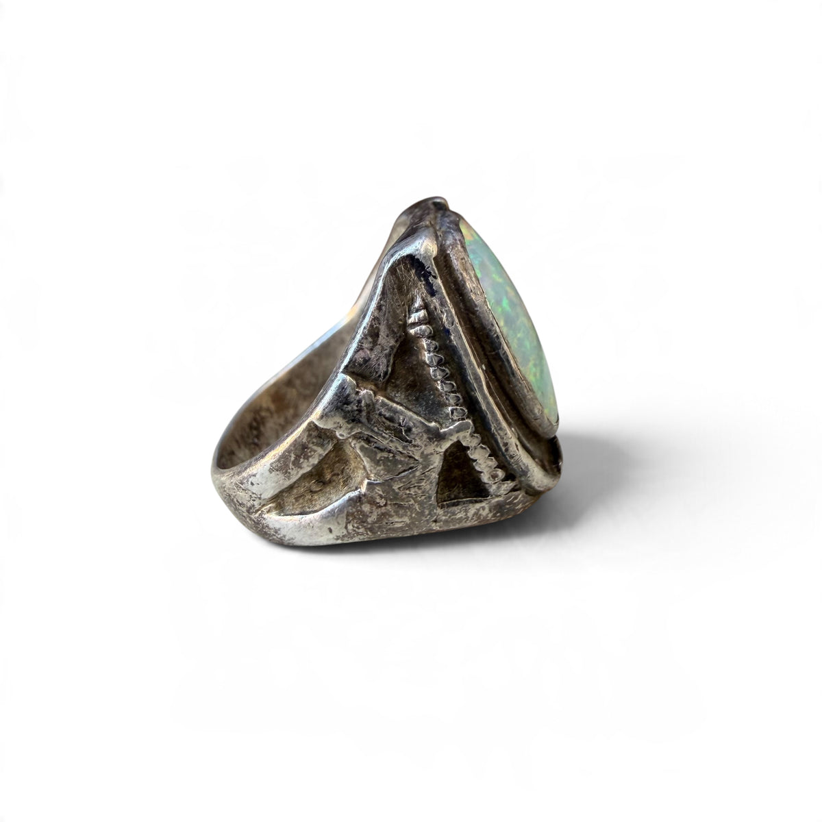 Mid-century Sterling Silver Lab Opal Horseshoe Ring