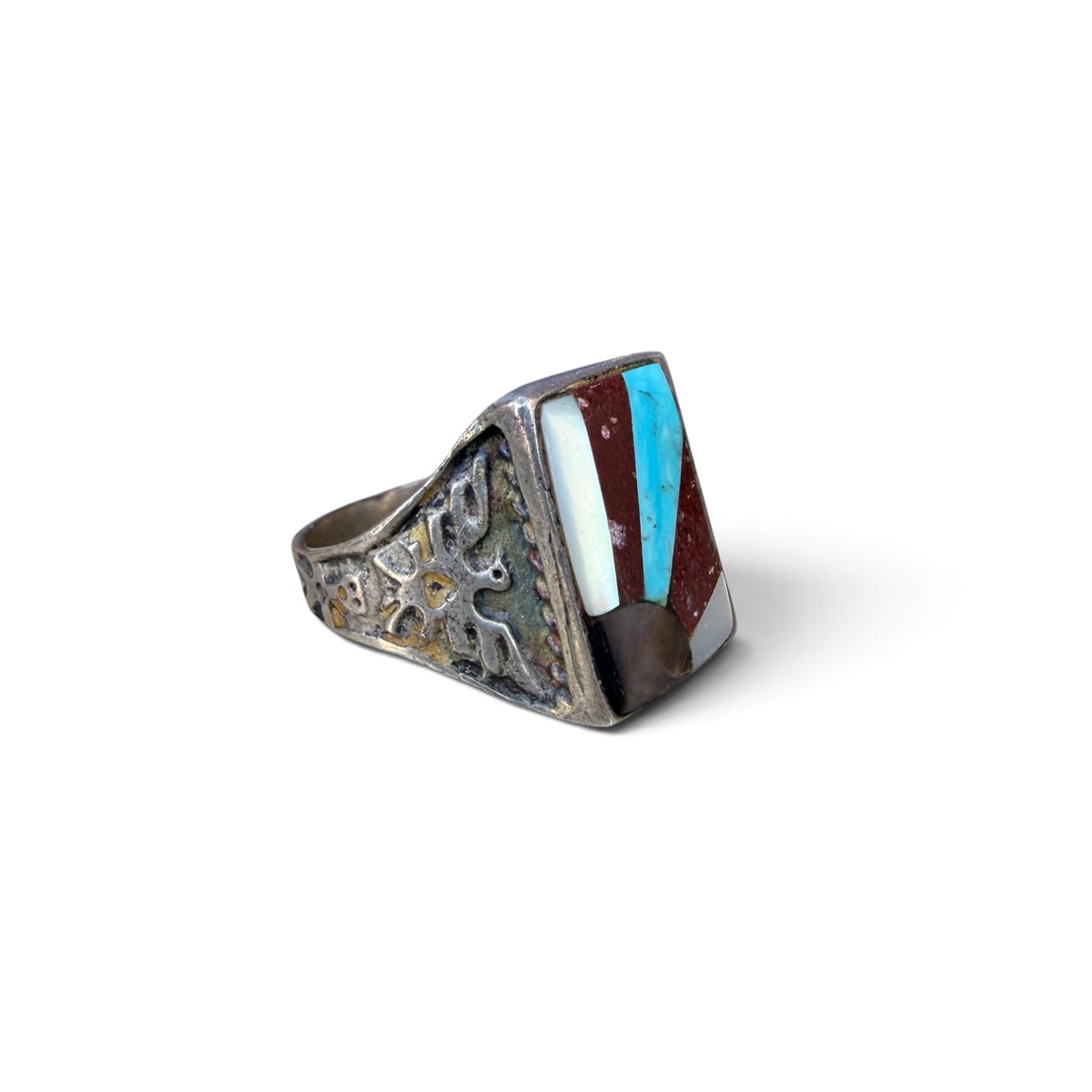 Mid-century Zuni Sunset Inlay Sterling Silver Ring