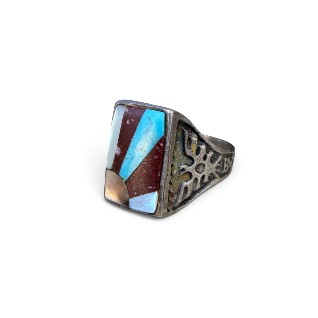 Mid-century Zuni Sunset Inlay Sterling Silver Ring