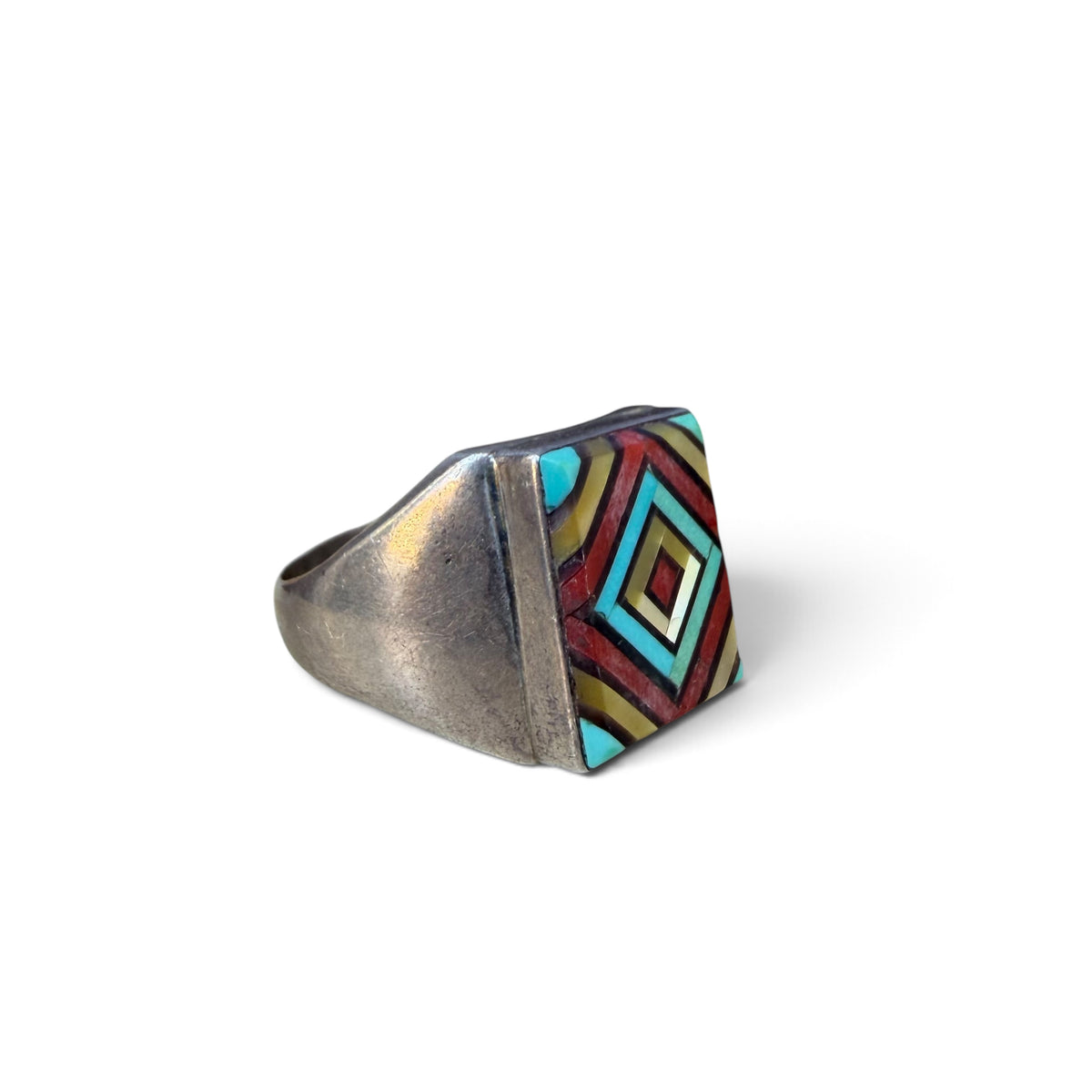 1960s Zuni Sterling Silver Diamond Inlay Ring