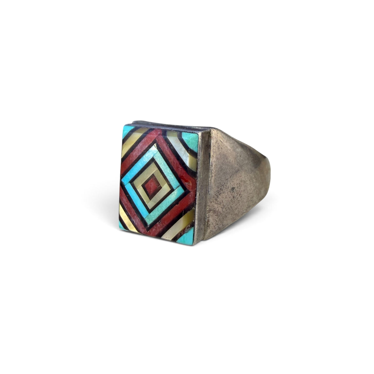 1960s Zuni Sterling Silver Diamond Inlay Ring