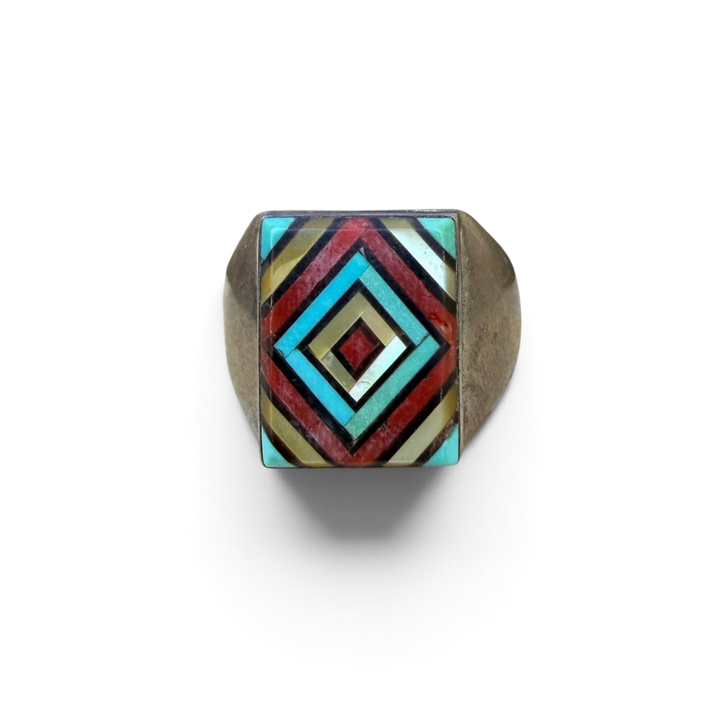 1960s Zuni Sterling Silver Diamond Inlay Ring